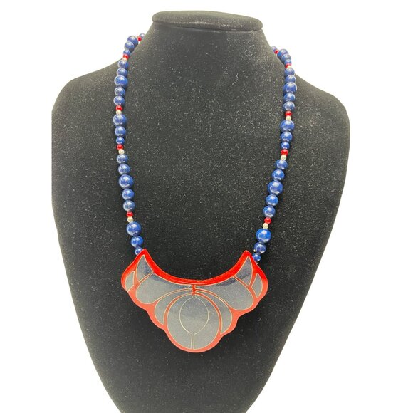Vintage Red & Blue Beaded Necklace With Artistic Pendant A19 - Picture 1 of 7